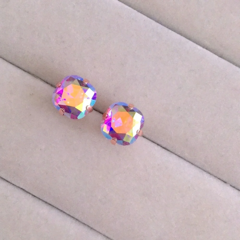 Violet Aurora Borealis + Rose Gold Cushion Cut Crystal Earrings